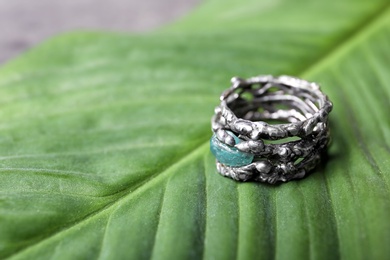 Photo of Beautiful silver ring with apatite gemstone on green leaf. Space for text