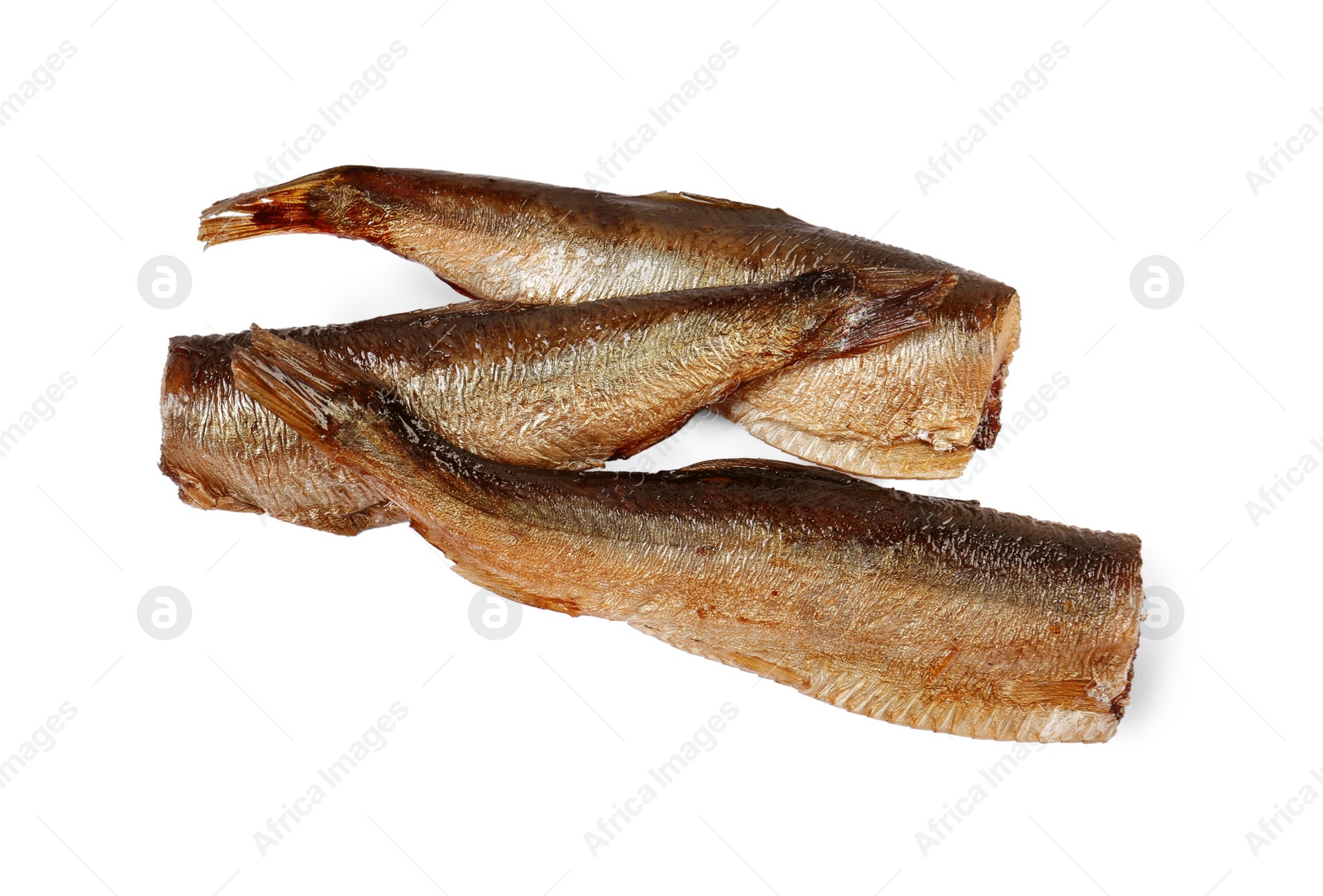 Photo of Tasty canned sprats isolated on white, top view