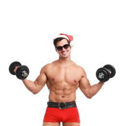 Photo of Sexy shirtless Santa Claus with dumbbells on white background