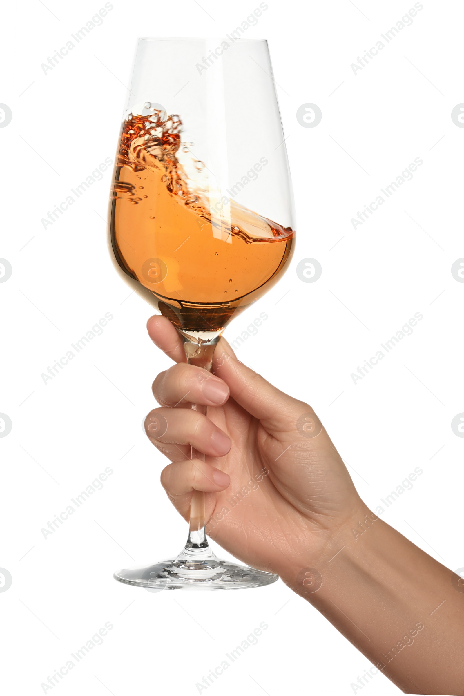 Photo of Woman with glass of rose wine isolated on white, closeup