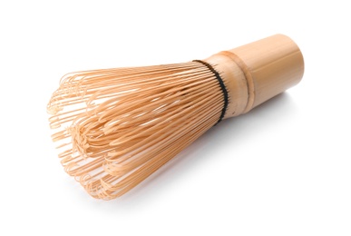 Photo of Tea whisk made of bamboo on white background