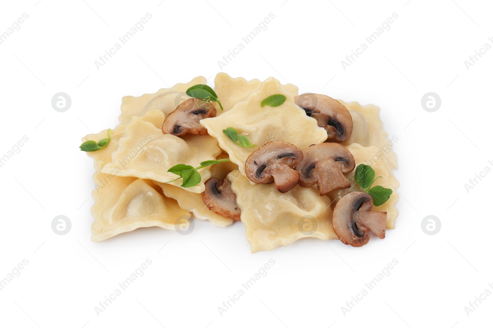 Photo of Delicious ravioli with mushrooms isolated on white