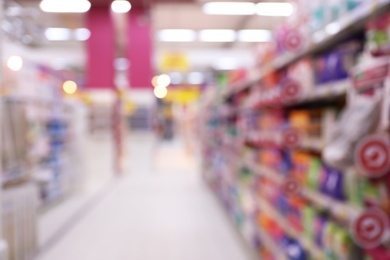 Blurred view of supermarket interior with bokeh effect