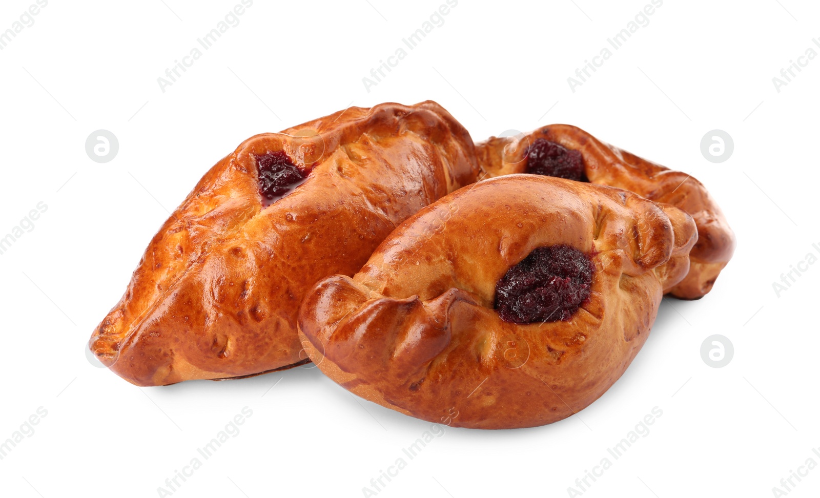 Photo of Delicious baked patties with cherry on white background