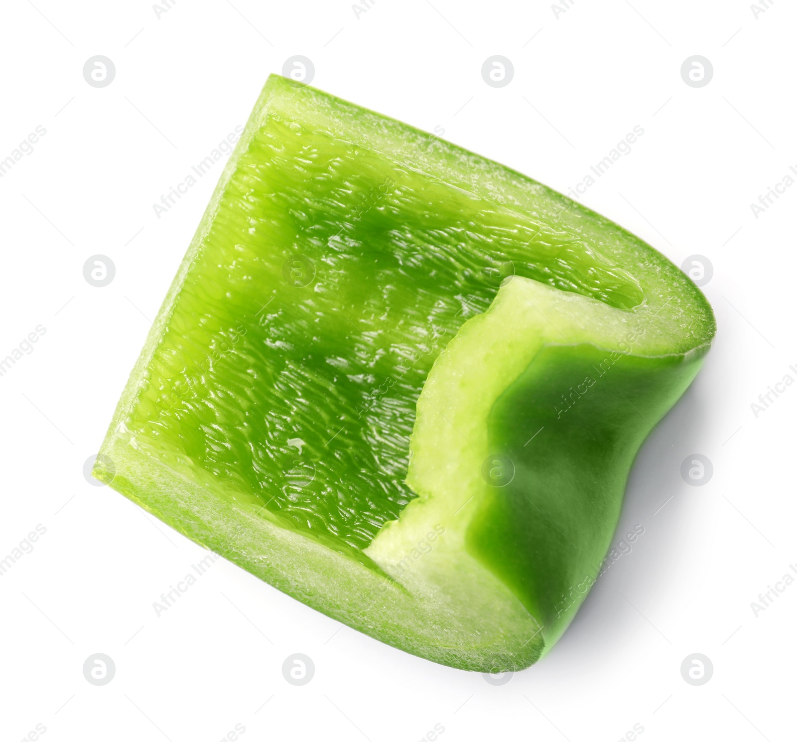 Photo of Slice of fresh green bell pepper on white background, top view