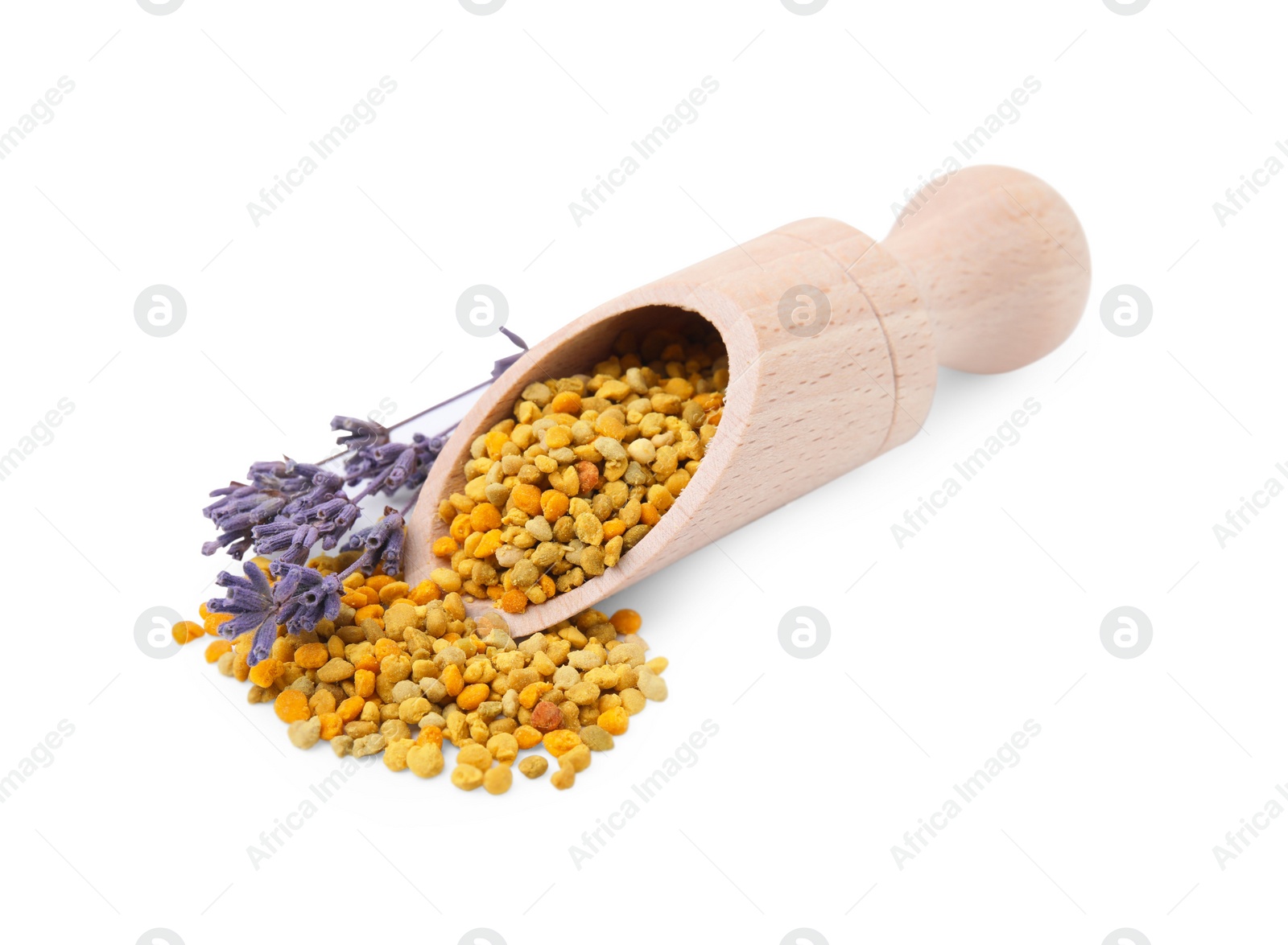Photo of Scoop with fresh bee pollen granules and lavender isolated on white