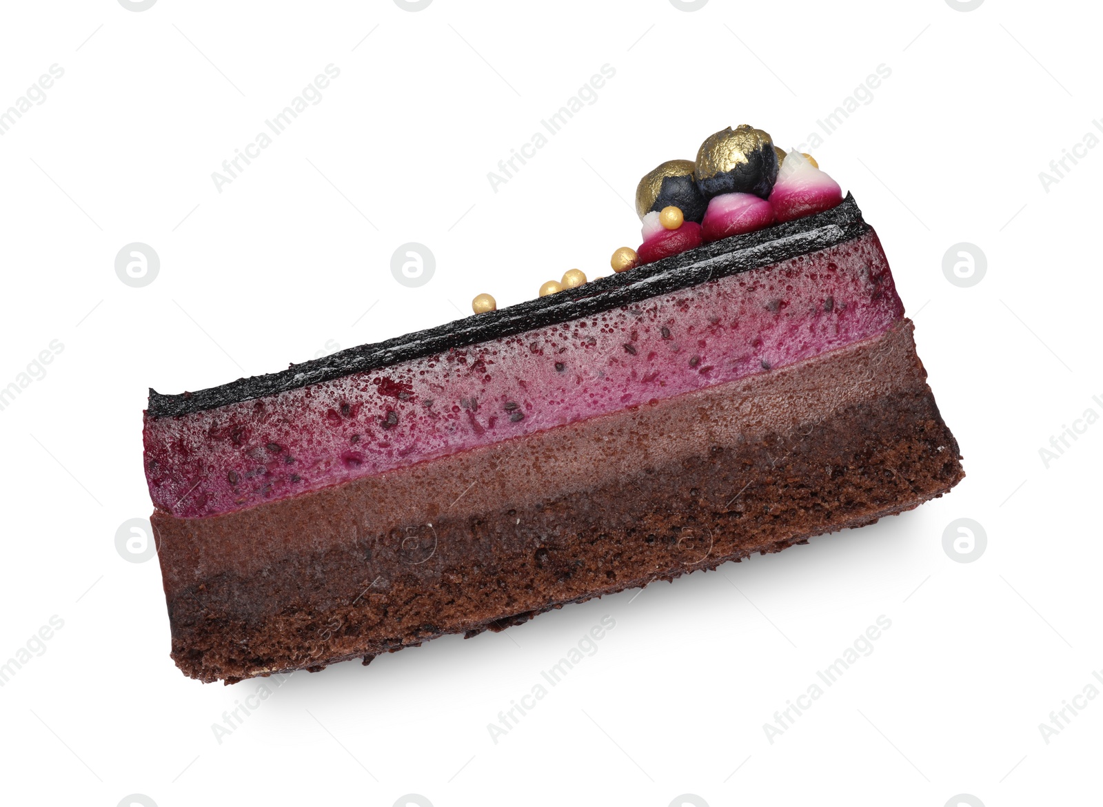 Photo of Delicious cake with blueberry isolated on white, top view