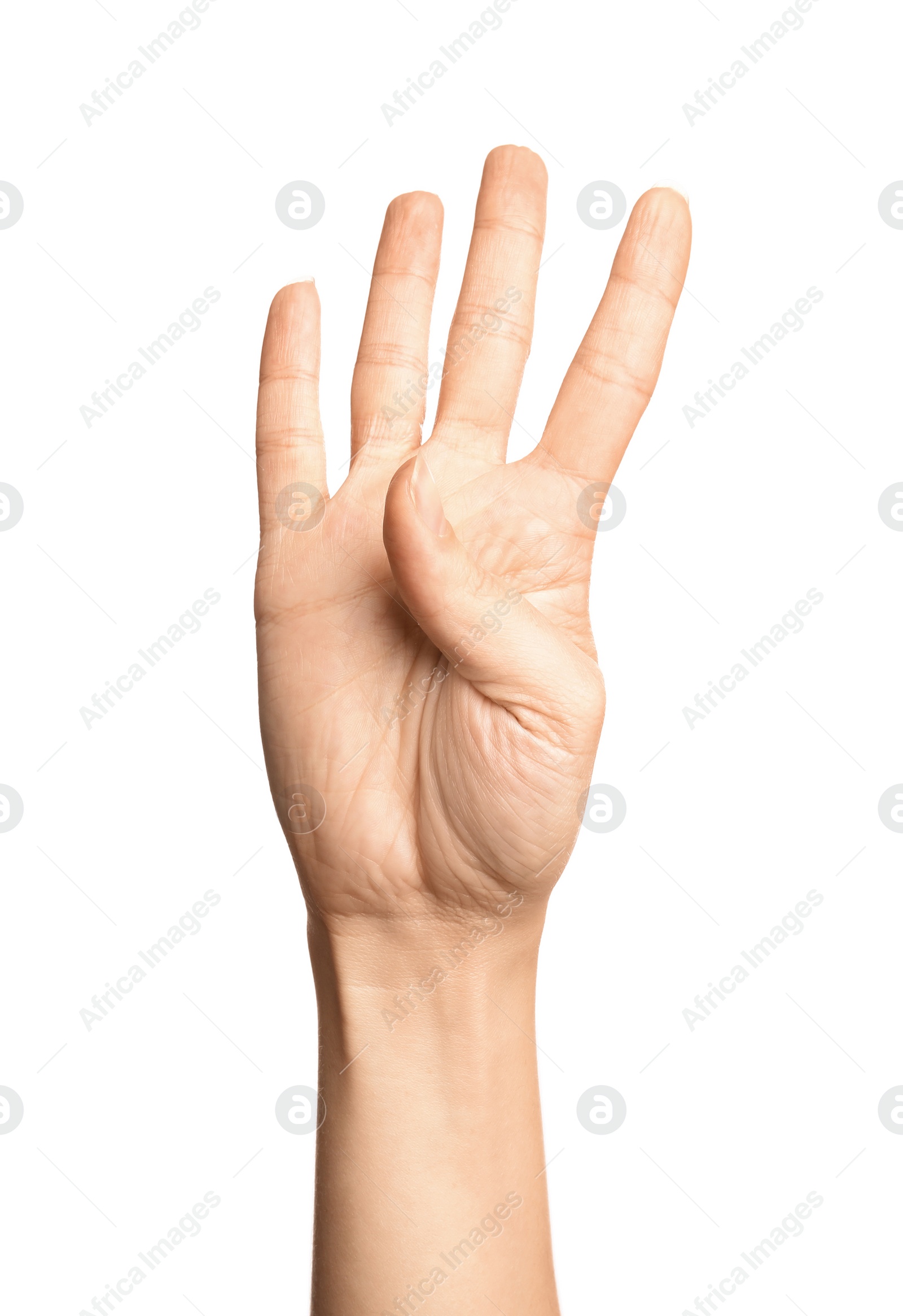 Photo of Woman showing number four on white background, closeup. Sign language