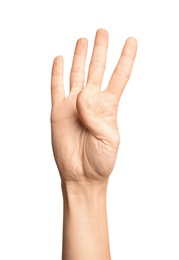 Woman showing number four on white background, closeup. Sign language