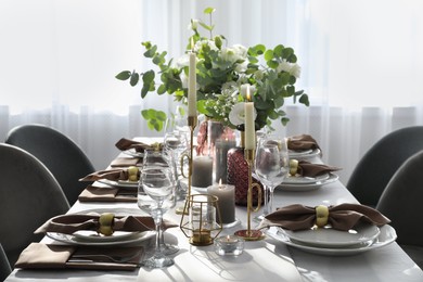 Festive table setting with beautiful decor indoors