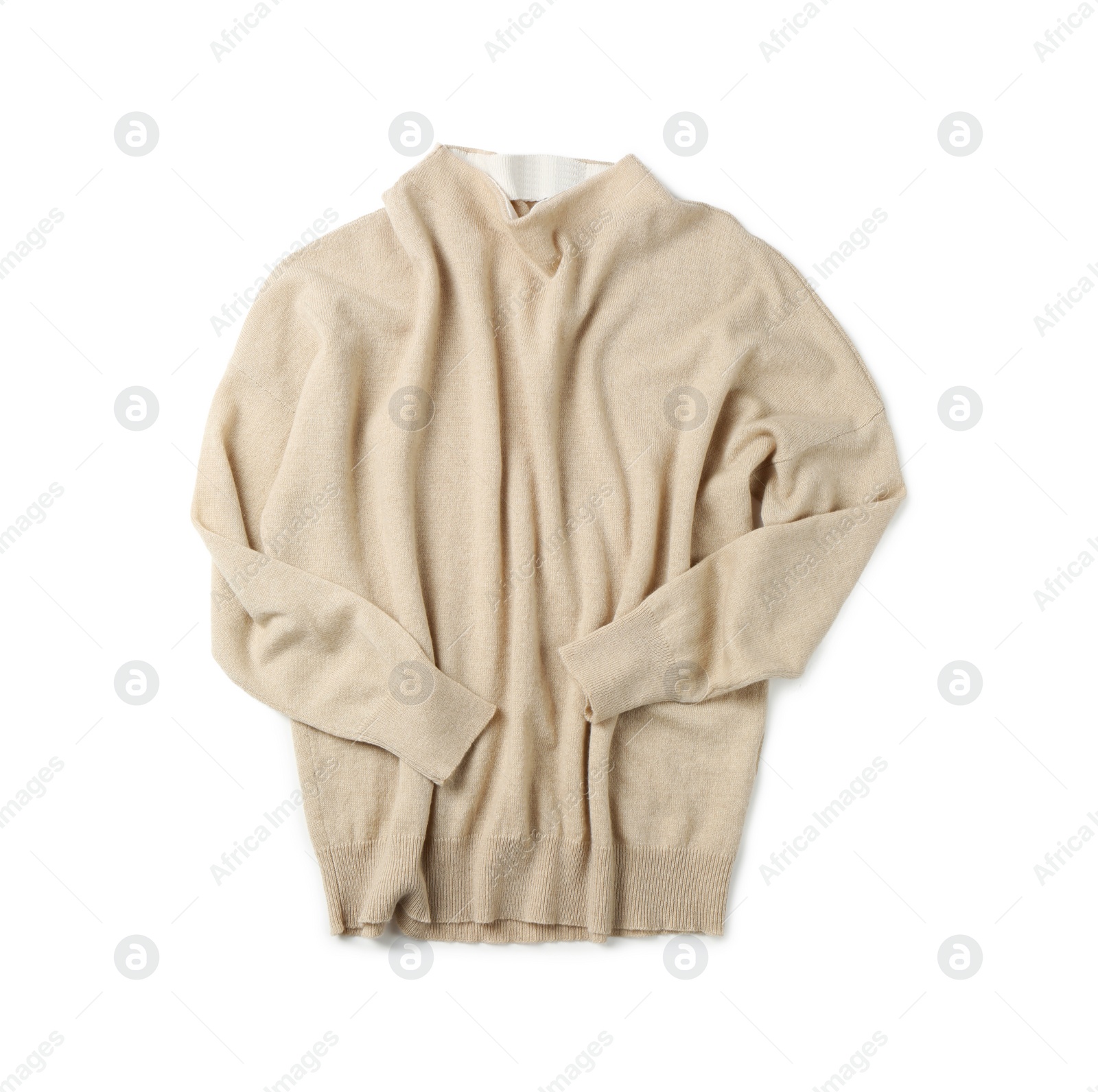 Photo of Cashmere sweater on white background, top view