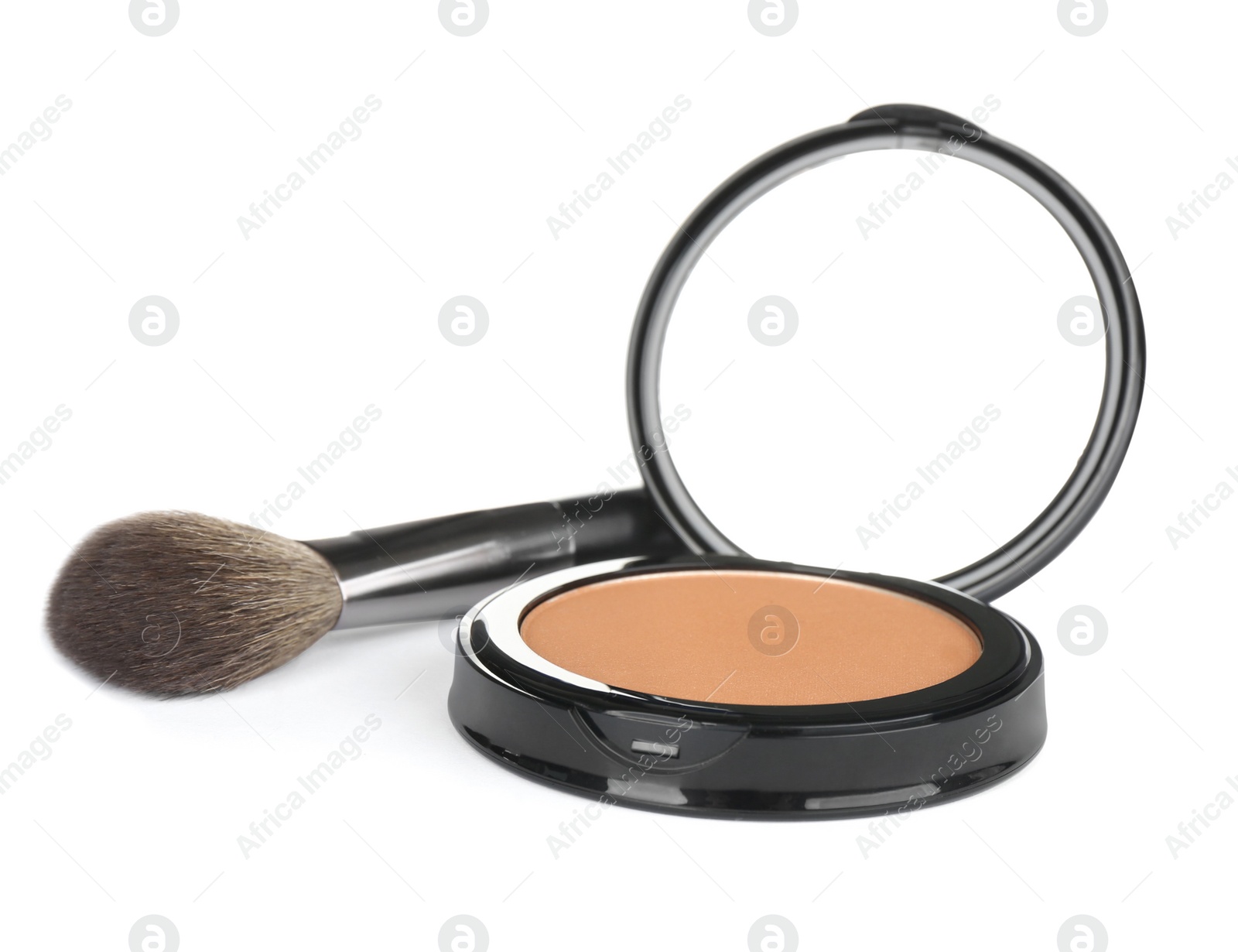 Photo of Face powder with brush on white background. Makeup product