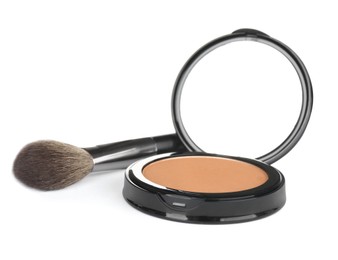 Face powder with brush on white background. Makeup product