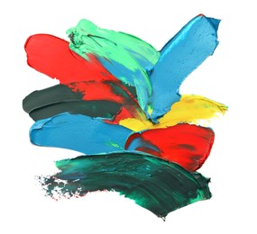 Photo of Colorful oil paint strokes on white background, top view