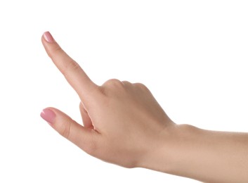 Woman pointing at something on white background, closeup