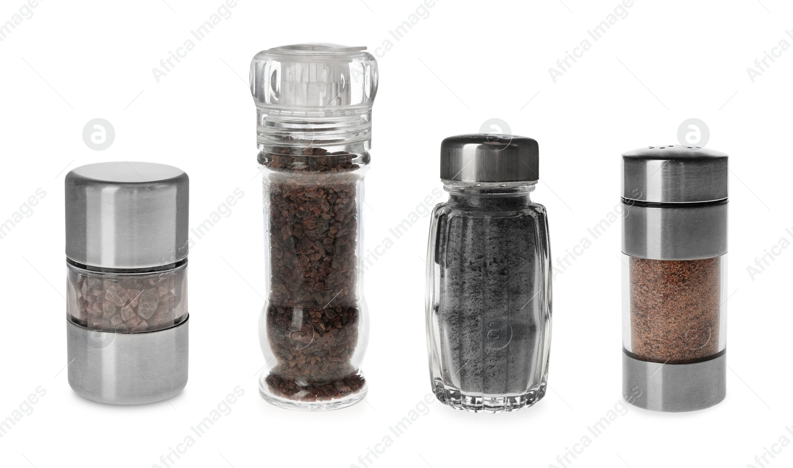 Image of Set of shakers with black salt isolated on white 