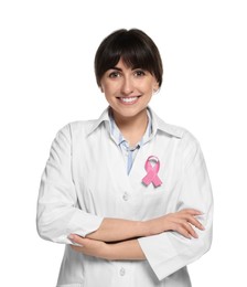 Photo of Mammologist with pink ribbon on white background. Breast cancer awareness