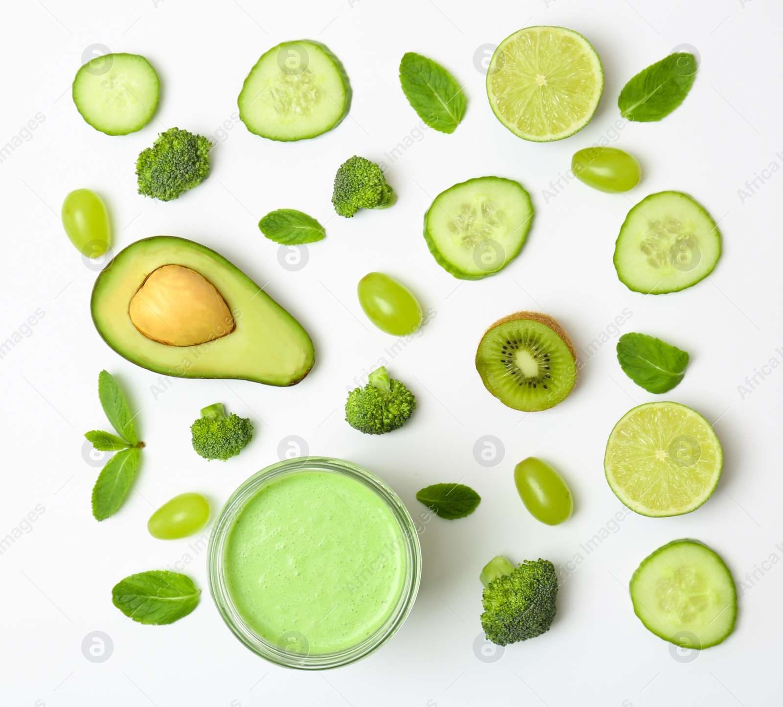 Photo of Flat lay composition with healthy detox smoothie and ingredients on light background