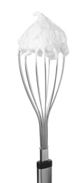 Photo of Balloon whisk with whipped cream isolated on white