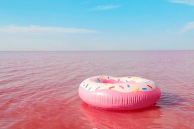 Bright inflatable ring floating in pink lake on summer day