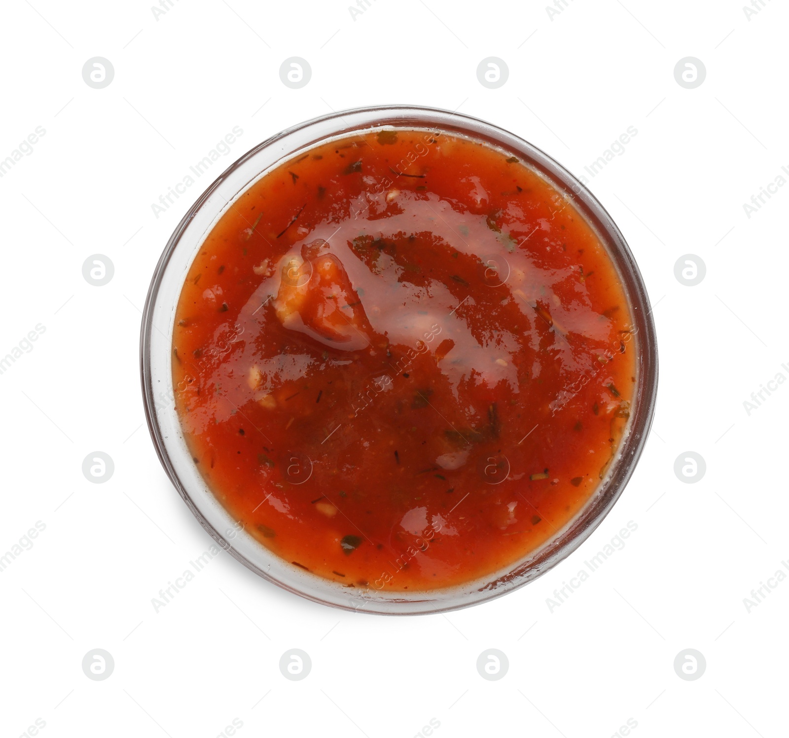 Photo of Tasty tomato sauce in bowl isolated on white, top view