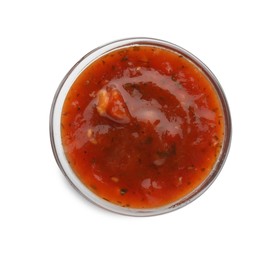 Photo of Tasty tomato sauce in bowl isolated on white, top view