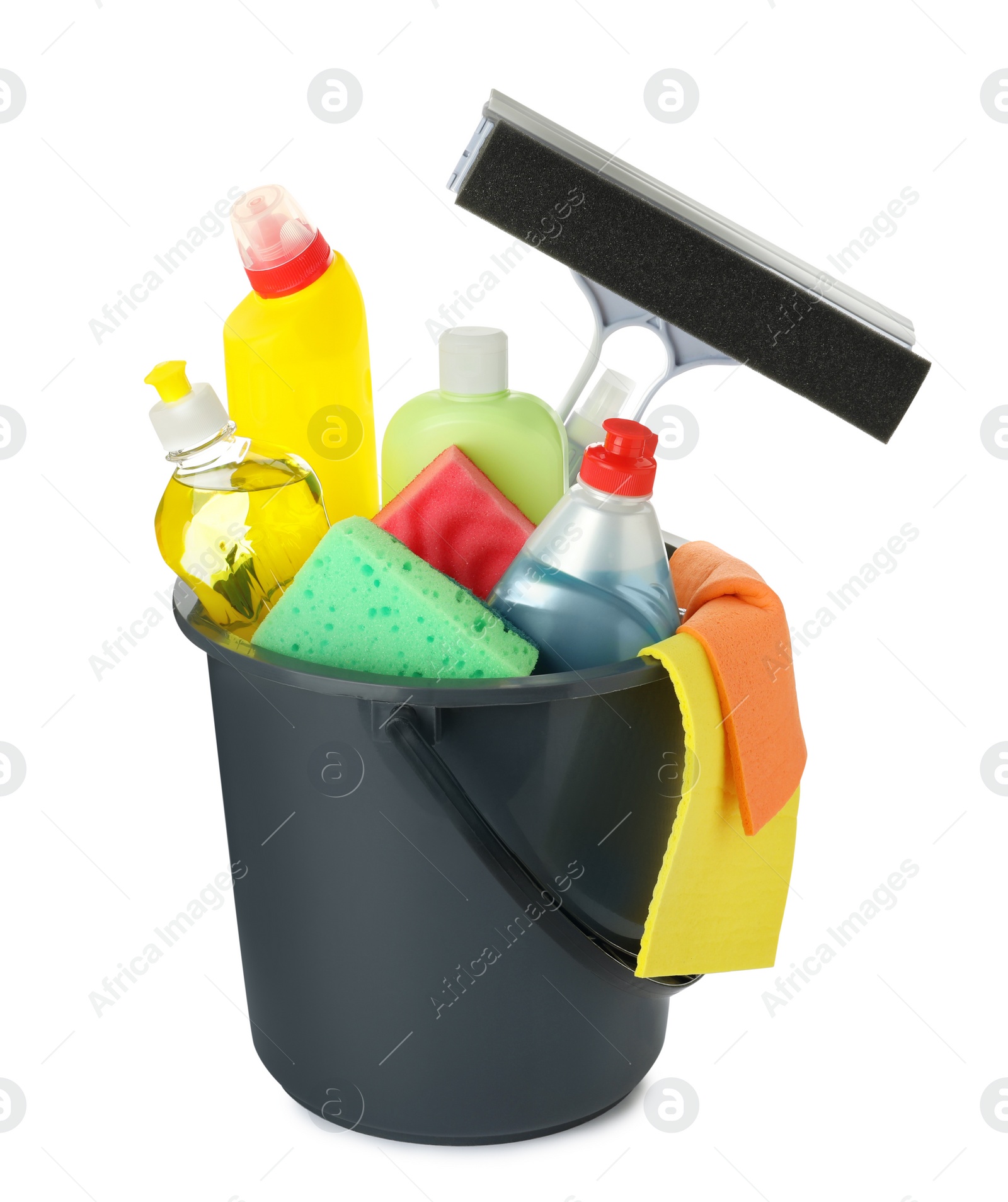 Photo of Black plastic bucket with different cleaning products isolated on white