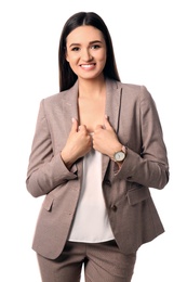 Photo of Portrait of happy businesswoman posing on white background