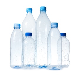 Photo of Empty plastic bottles on white background. Recycling problem