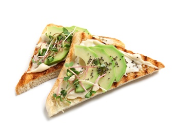 Photo of Tasty toasts with avocado, sprouts and chia seeds on white background