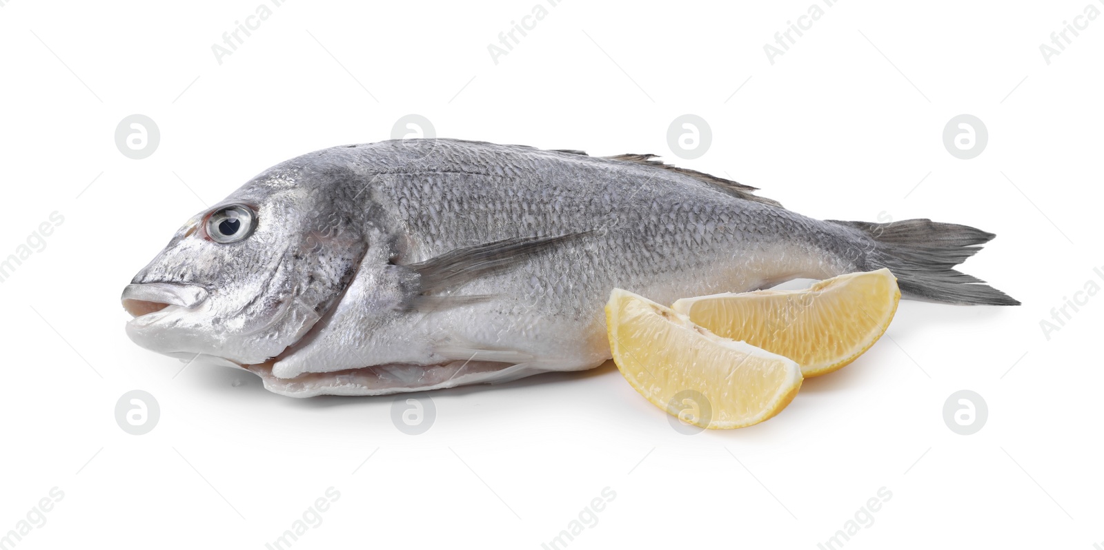 Photo of Raw dorado fish and lemon wedges isolated on white