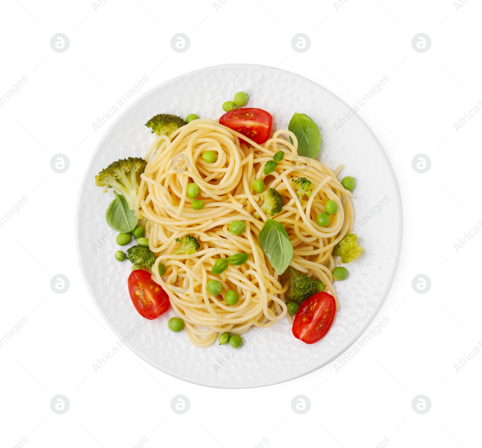 Photo of Plate of delicious pasta primavera isolated on white, top view