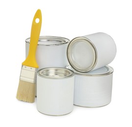 Photo of Closed blank cans of paint and brush on white background