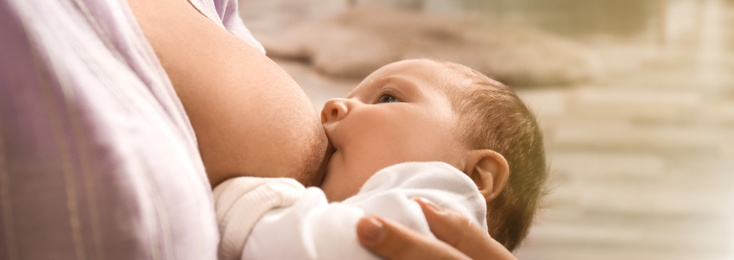 Image of Young woman breast feeding her little baby at home, closeup. Banner design