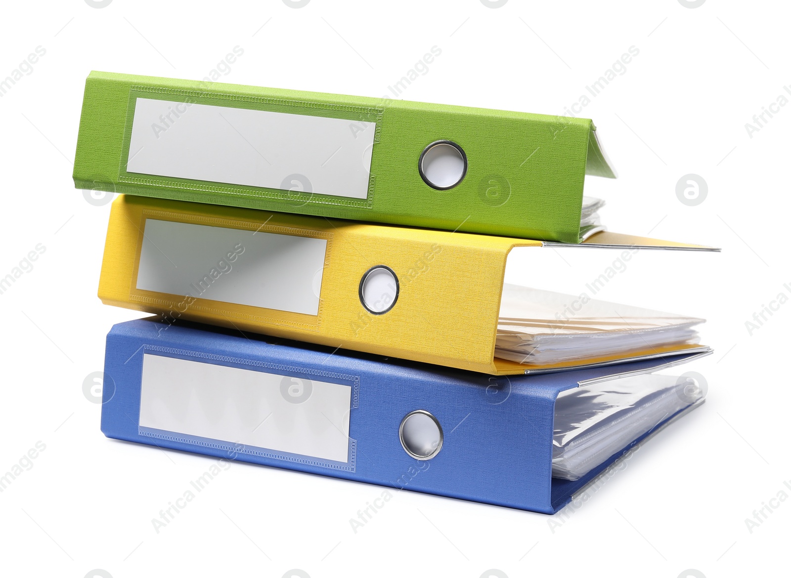 Photo of Many bright office folders isolated on white