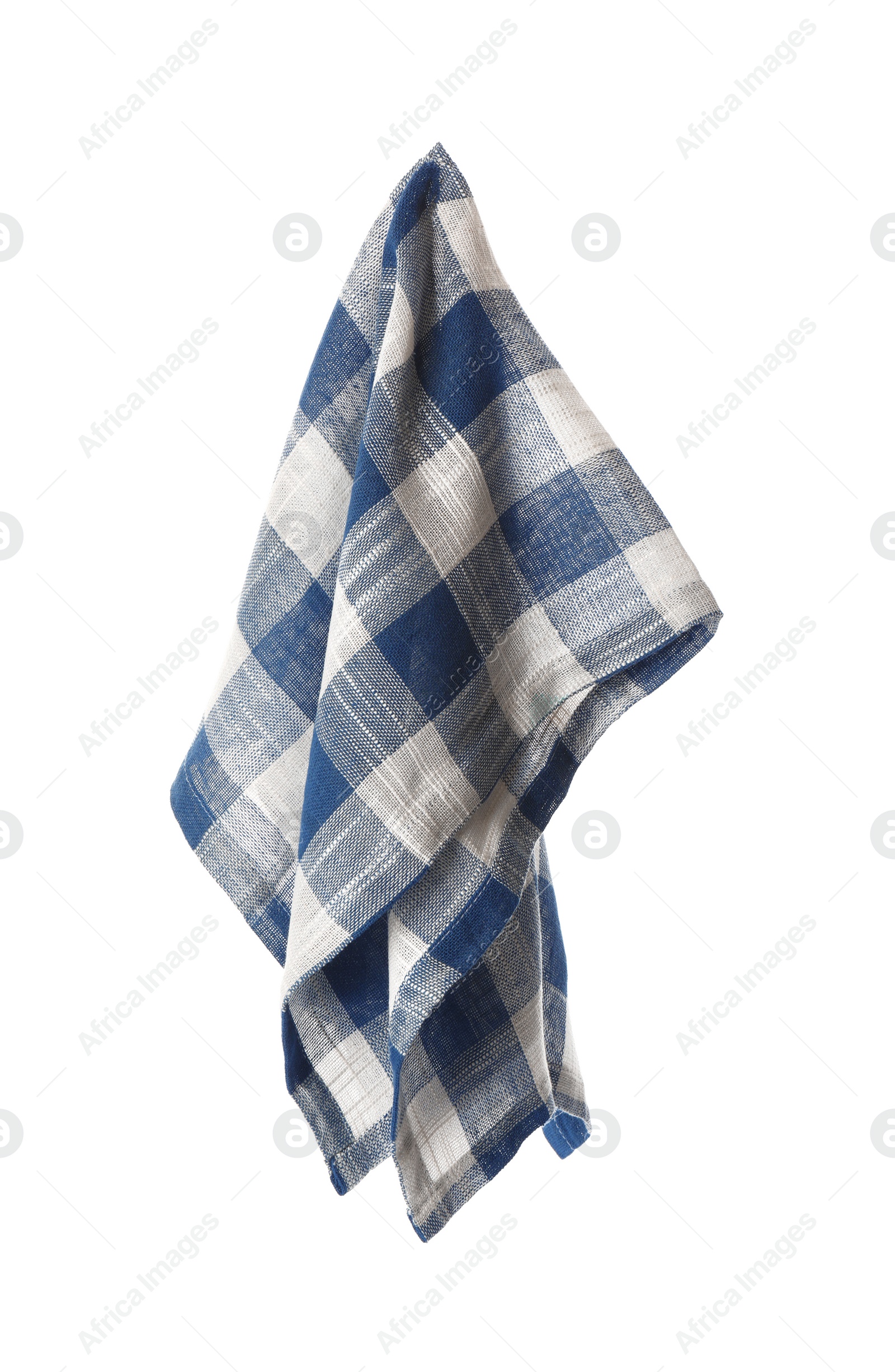 Photo of Clean kitchen towel hanging on white background