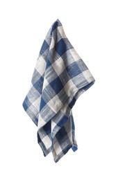 Photo of Clean kitchen towel hanging on white background