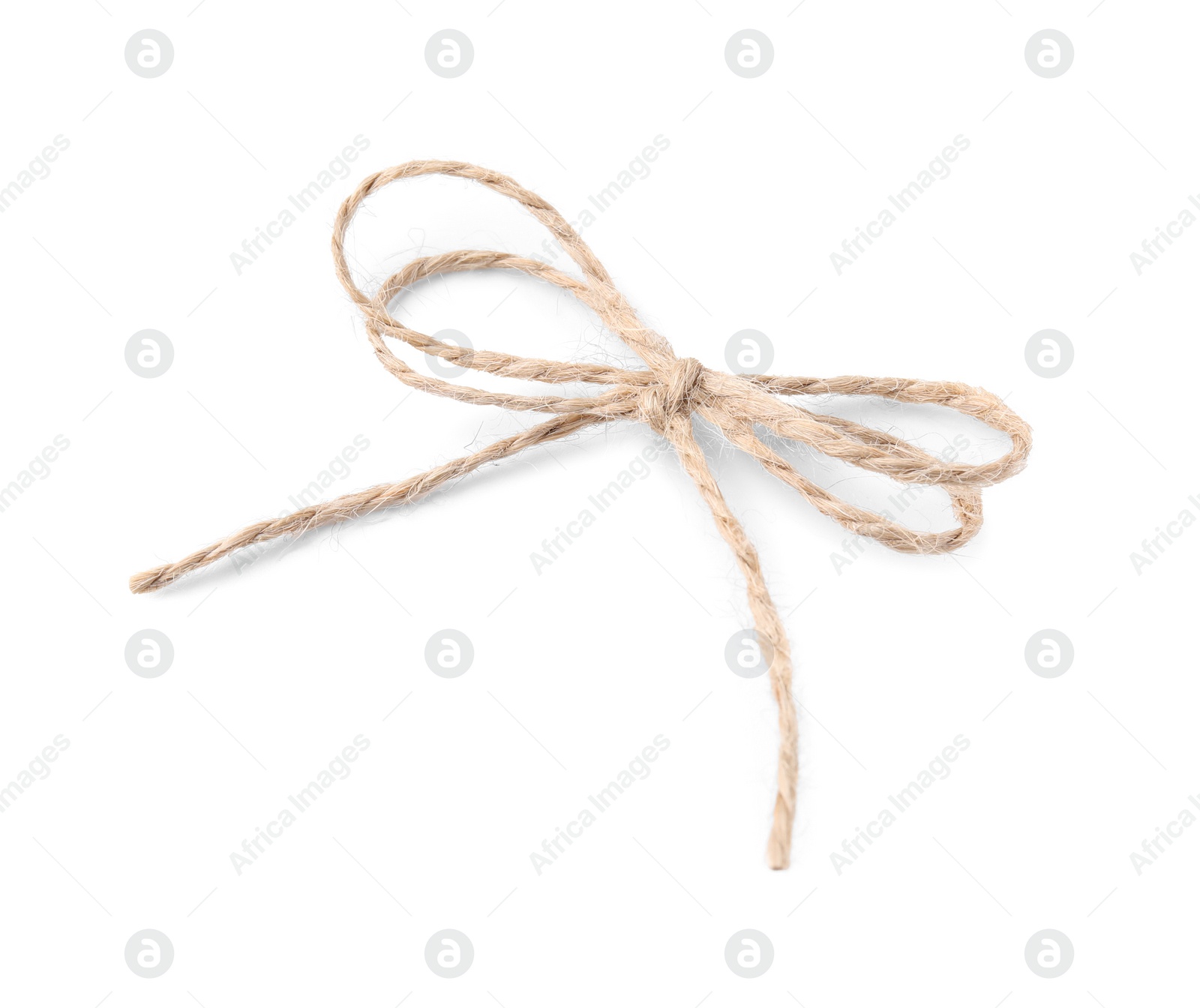 Photo of Linen rope string bow isolated on white, top view