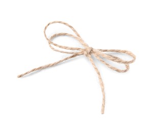 Linen rope string bow isolated on white, top view