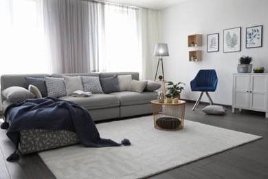 Photo of Elegant living room with comfortable sofa near windows. Interior design