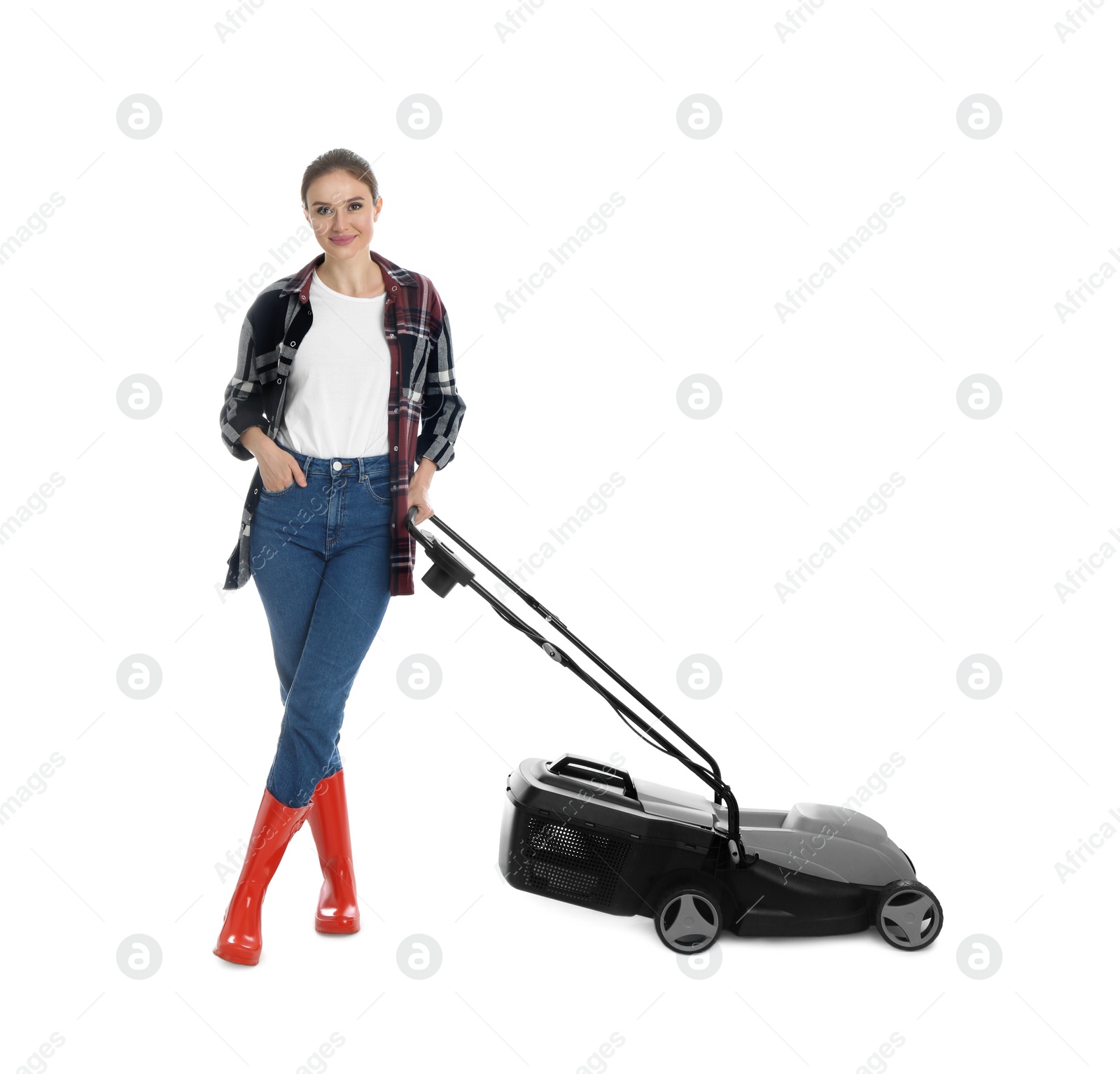 Photo of Young woman with modern lawn mower on white background