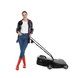 Photo of Young woman with modern lawn mower on white background