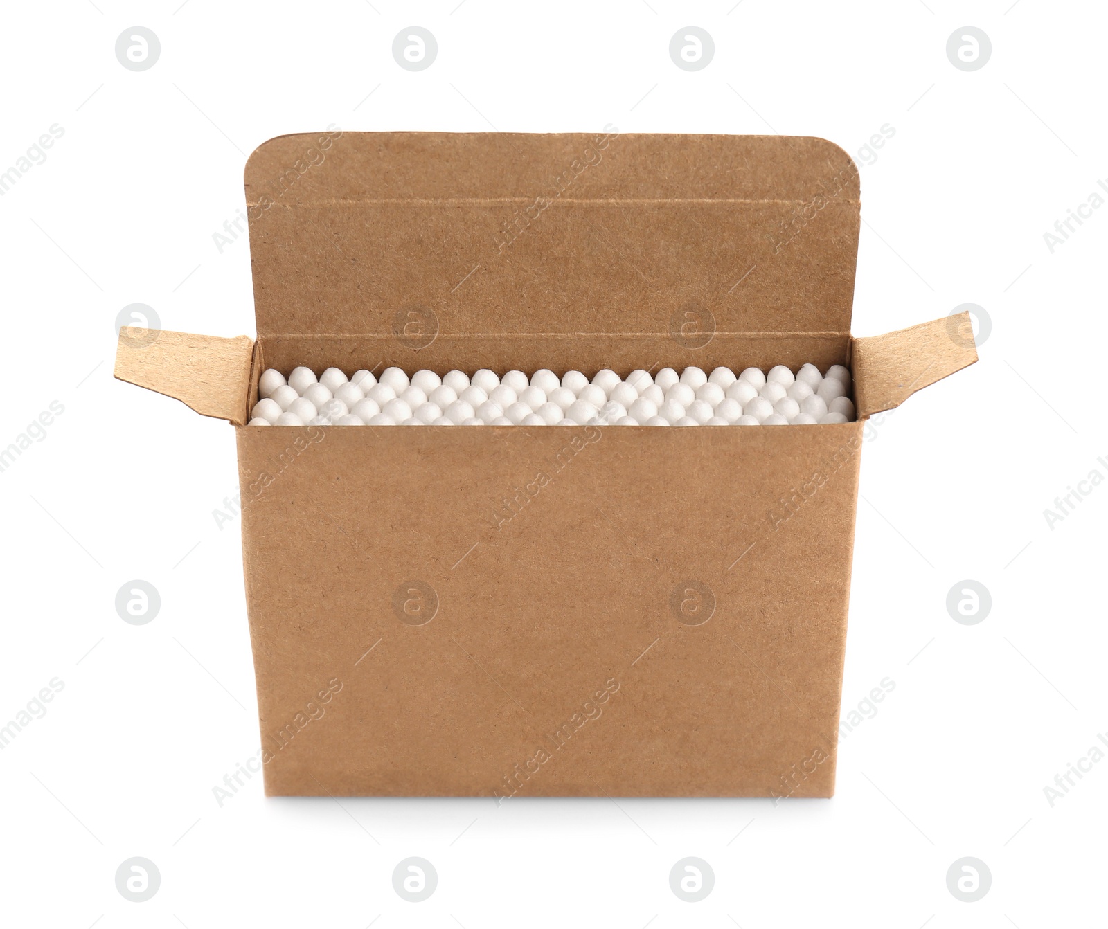 Photo of Cardboard box with cotton buds isolated on white