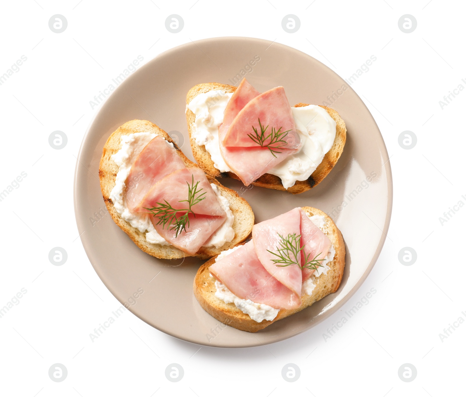 Photo of Plate of tasty bruschettas with ham on white background, top view