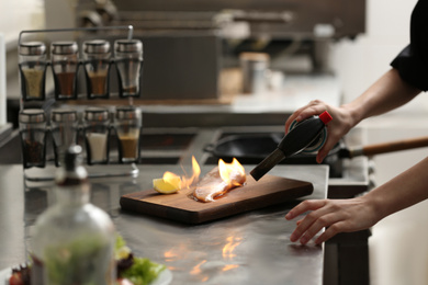 Photo of Female chef cooking chicken fillet with manual gas burner in restaurant kitchen, closeup