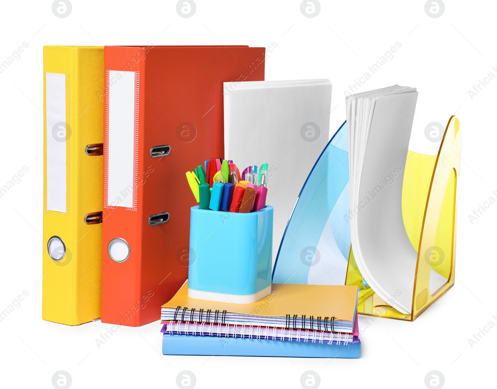 Photo of Bright office folders and different stationery isolated on white