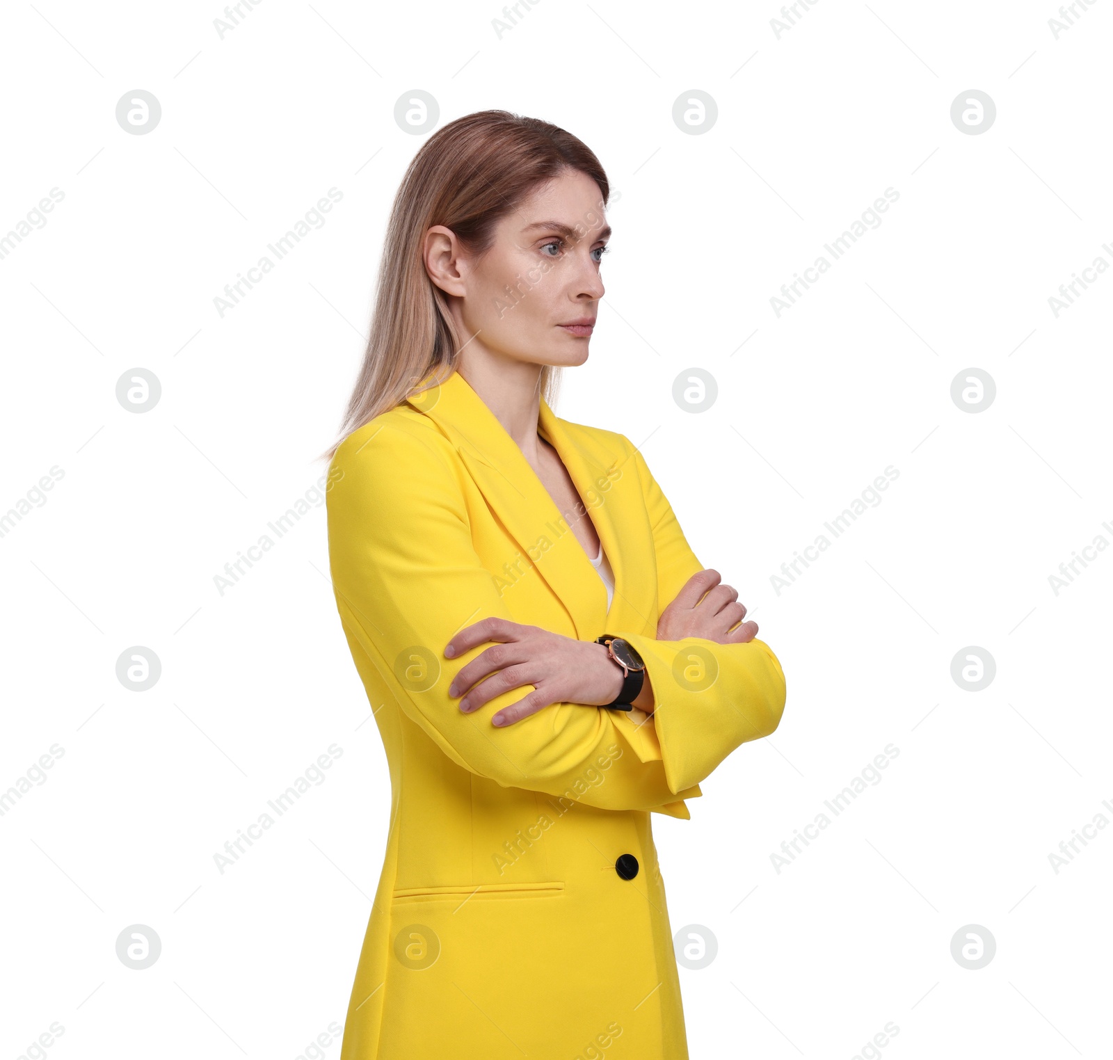 Photo of Beautiful businesswoman crossing arms on white background