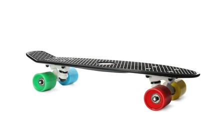 Black skateboard with colorful wheels isolated on white. Sport equipment