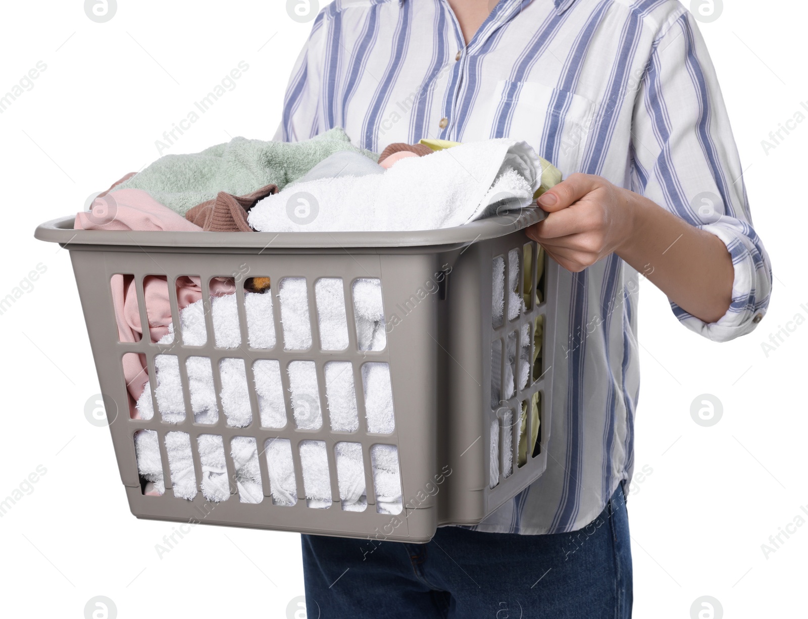 Photo of Woman with basket full of clean laundry on white background, closeup