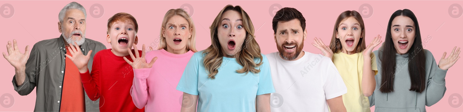 Image of Group of surprised people on pink background, banner design